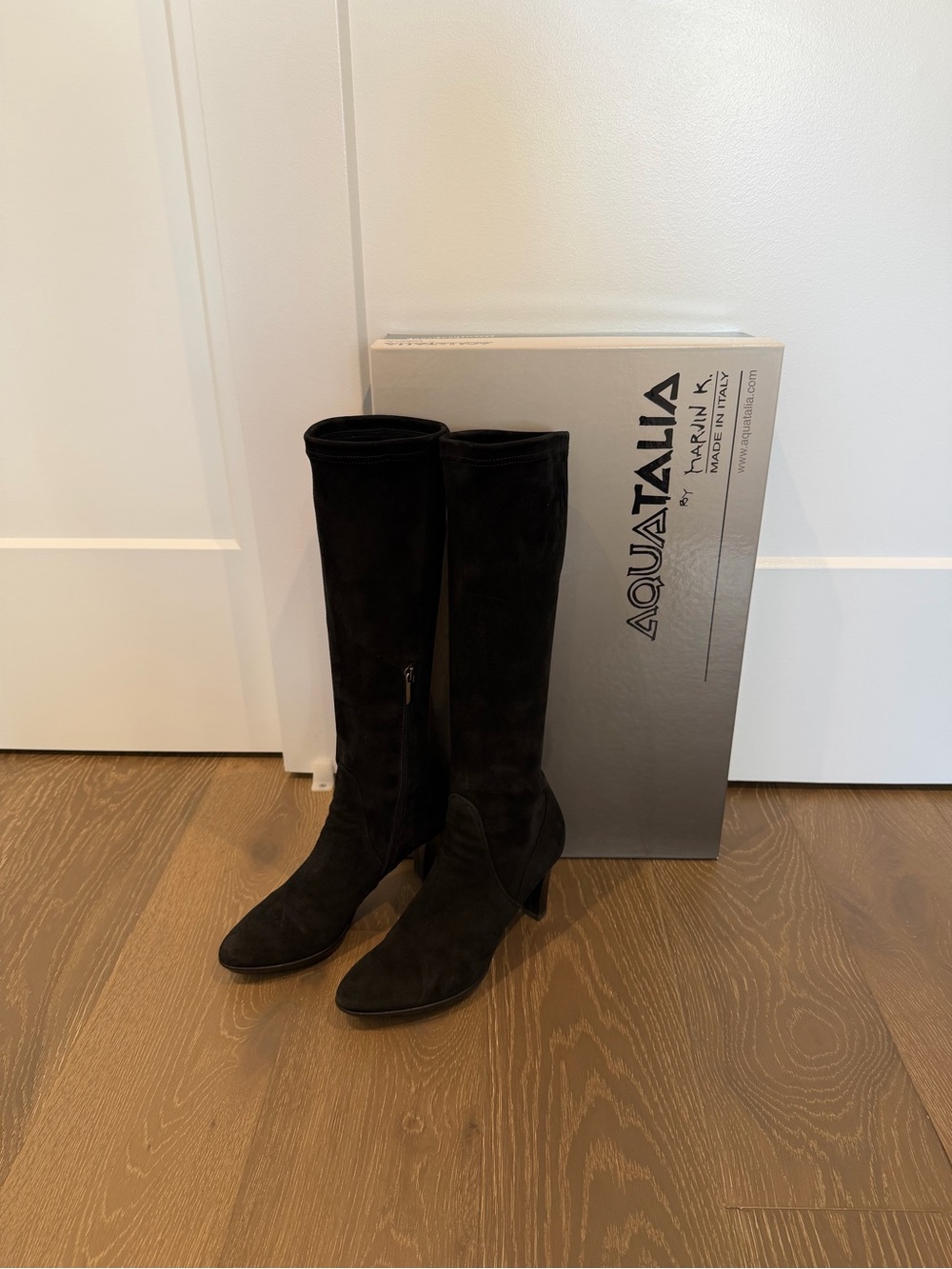 Aquatalia Black Suede Weatherproof Knee-High Heeled Boots Size 7.5